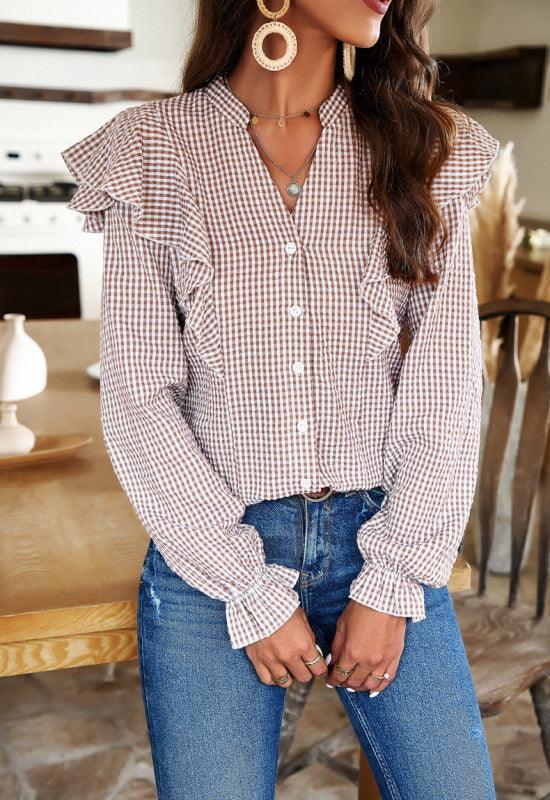 Temperament commuting plaid long-sleeved ruffle shirt - 808Lush