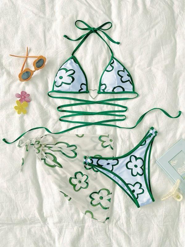 3 piece bikini set Cute Floral Crossover Bikini - 808Lush