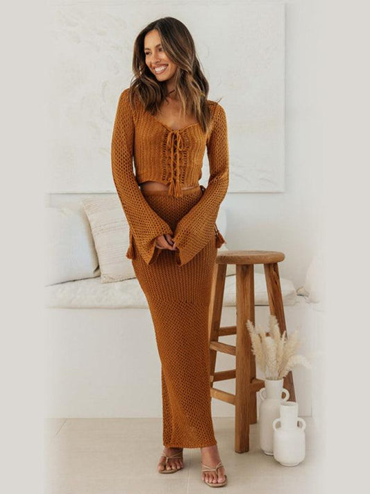 Tie long sleeve hip-hugging casual knitted maxi skirt suit - 808Lush