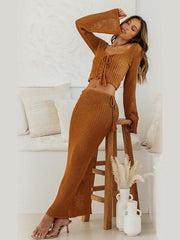 Tie long sleeve hip-hugging casual knitted maxi skirt suit - 808Lush