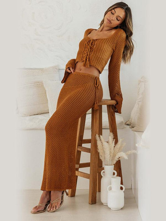 Tie long sleeve hip-hugging casual knitted maxi skirt suit - 808Lush