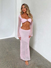 Tie long sleeve hip-hugging casual knitted maxi skirt suit - 808Lush