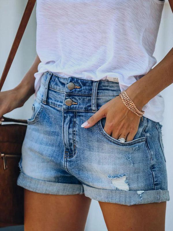 Trendy ripped rolled edge elastic high waist denim shorts women's hot pants - 808Lush