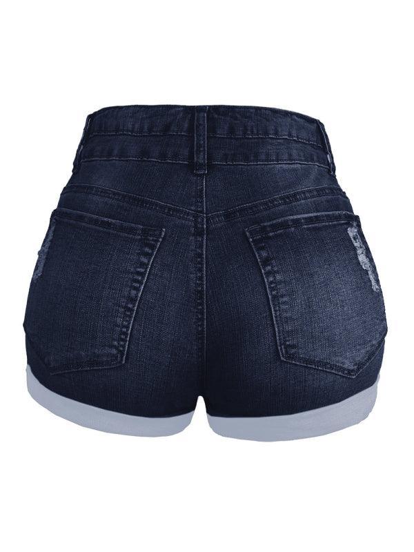 Trendy ripped rolled edge elastic high waist denim shorts women's hot pants - 808Lush