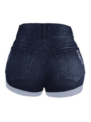 Trendy ripped rolled edge elastic high waist denim shorts women's hot pants - 808Lush