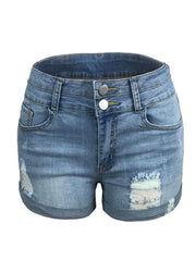 Trendy ripped rolled edge elastic high waist denim shorts women's hot pants - 808Lush