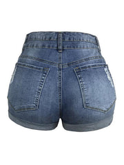 Trendy ripped rolled edge elastic high waist denim shorts women's hot pants - 808Lush