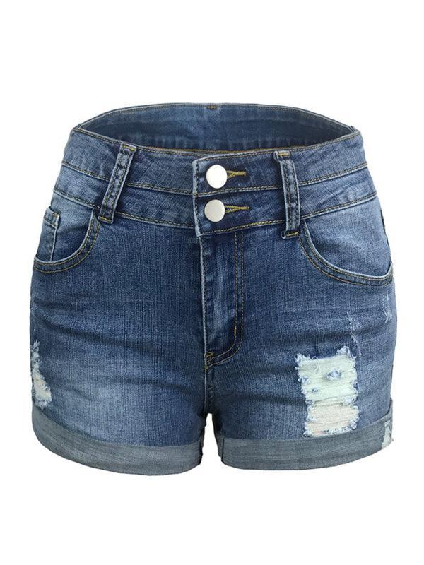 Trendy ripped rolled edge elastic high waist denim shorts women's hot pants - 808Lush