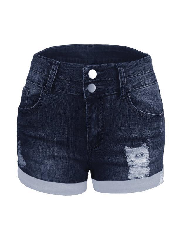 Trendy ripped rolled edge elastic high waist denim shorts women's hot pants - 808Lush