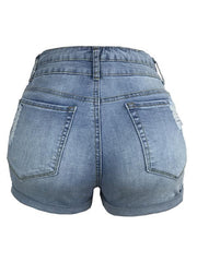 Trendy ripped rolled edge elastic high waist denim shorts women's hot pants - 808Lush