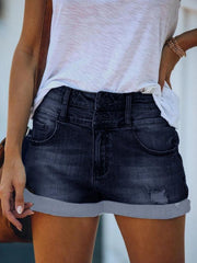 Trendy ripped rolled edge elastic high waist denim shorts women's hot pants - 808Lush