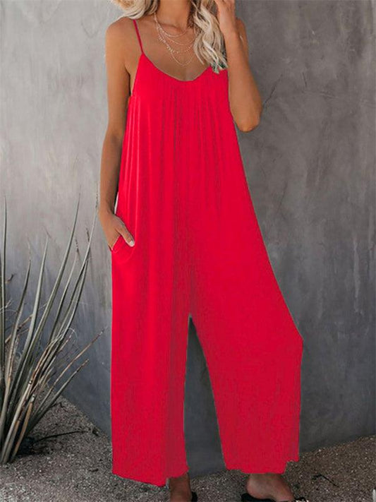 Trousers solid color side pocket loose casual suspender jumpsuit - 808Lush