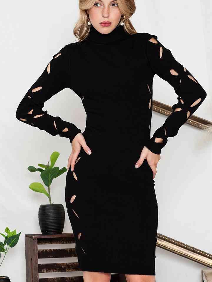 Turtle Neck Cutout Long Sleeve Mini Dress - 808Lush