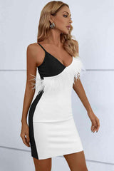 Two-Tone Feather Trim Spaghetti Strap Dress - 808Lush