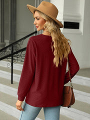 V Neck Button Loose Long Sleeve T-Shirt Top Women's Clothes - 808Lush