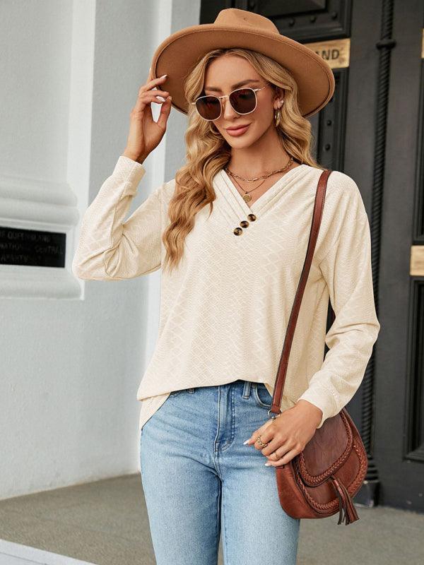 V Neck Button Loose Long Sleeve T-Shirt Top Women's Clothes - 808Lush