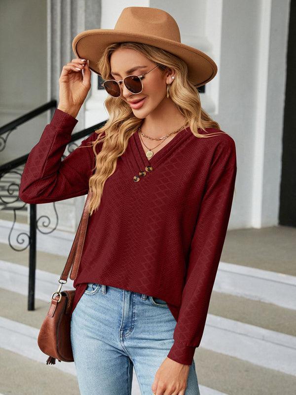 V Neck Button Loose Long Sleeve T-Shirt Top Women's Clothes - 808Lush