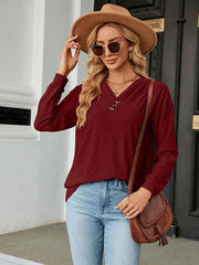 V Neck Button Loose Long Sleeve T-Shirt Top Women's Clothes - 808Lush