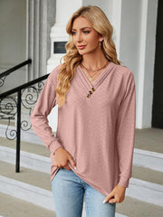 V Neck Button Loose Long Sleeve T-Shirt Top Women's Clothes - 808Lush