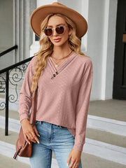 V Neck Button Loose Long Sleeve T-Shirt Top Women's Clothes - 808Lush