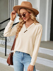 V Neck Button Loose Long Sleeve T-Shirt Top Women's Clothes - 808Lush