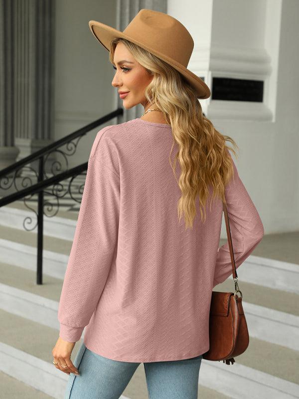 V Neck Button Loose Long Sleeve T-Shirt Top Women's Clothes - 808Lush