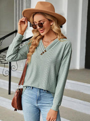 V Neck Button Loose Long Sleeve T-Shirt Top Women's Clothes - 808Lush