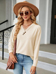 V Neck Button Loose Long Sleeve T-Shirt Top Women's Clothes - 808Lush