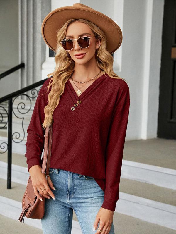 V Neck Button Loose Long Sleeve T-Shirt Top Women's Clothes - 808Lush