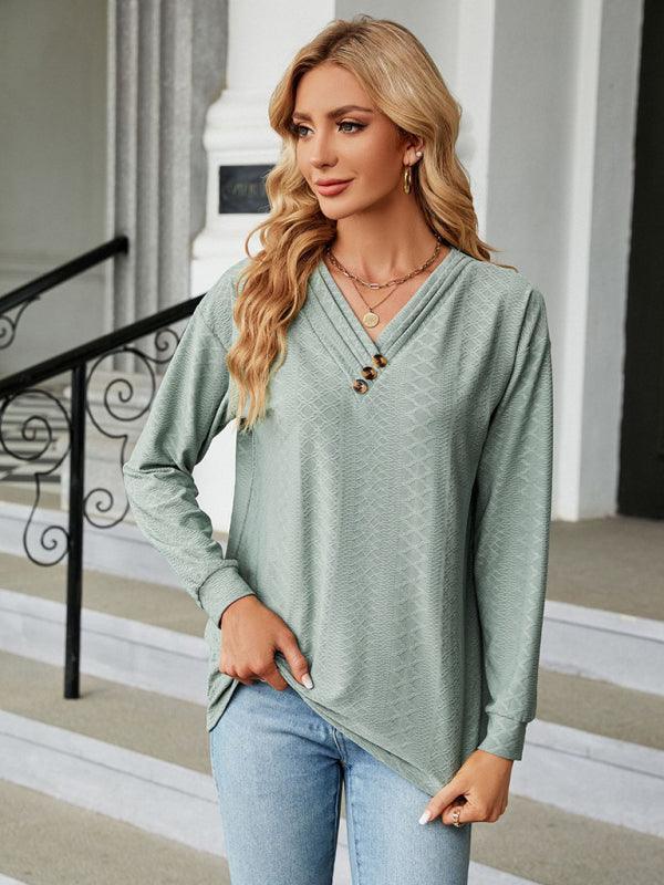 V Neck Button Loose Long Sleeve T-Shirt Top Women's Clothes - 808Lush