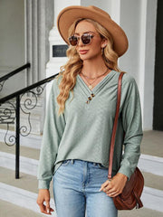 V Neck Button Loose Long Sleeve T-Shirt Top Women's Clothes - 808Lush