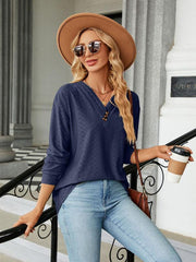 V Neck Button Loose Long Sleeve T-Shirt Top Women's Clothes - 808Lush