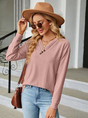 V Neck Button Loose Long Sleeve T-Shirt Top Women's Clothes - 808Lush