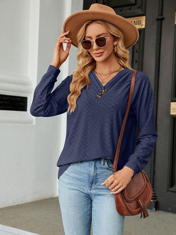 V Neck Button Loose Long Sleeve T-Shirt Top Women's Clothes - 808Lush