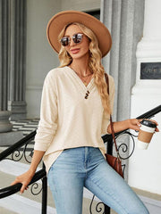 V Neck Button Loose Long Sleeve T-Shirt Top Women's Clothes - 808Lush