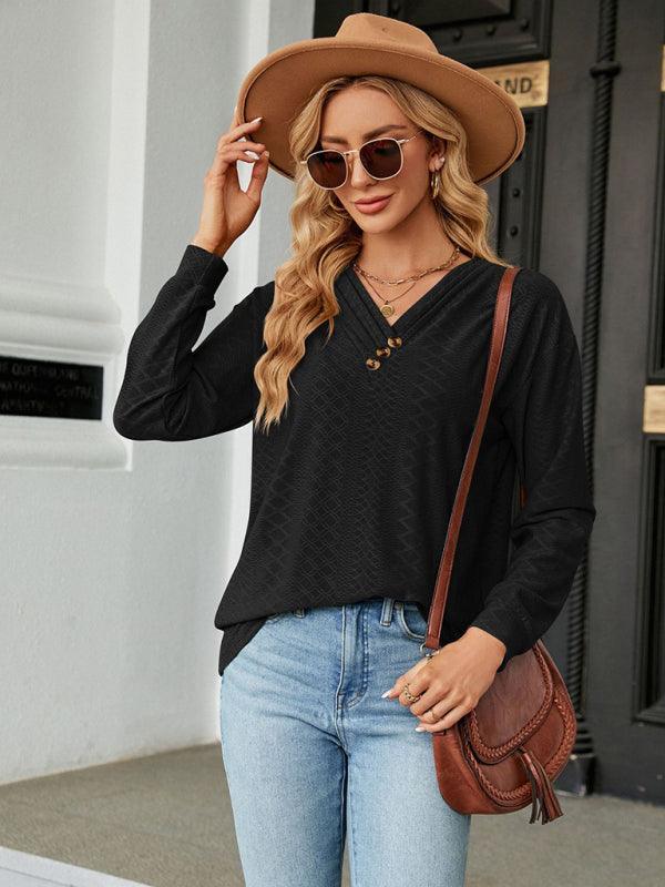 V Neck Button Loose Long Sleeve T-Shirt Top Women's Clothes - 808Lush