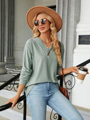 V Neck Button Loose Long Sleeve T-Shirt Top Women's Clothes - 808Lush