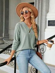 V Neck Button Loose Long Sleeve T-Shirt Top Women's Clothes - 808Lush