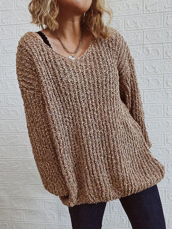 V-Neck Drop-Shoulder Sleeve Knit Sweater Sweater - 808Lush