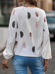 V Neck Feather Print Long Sleeve Oversized T-Shirt Shirt - 808Lush