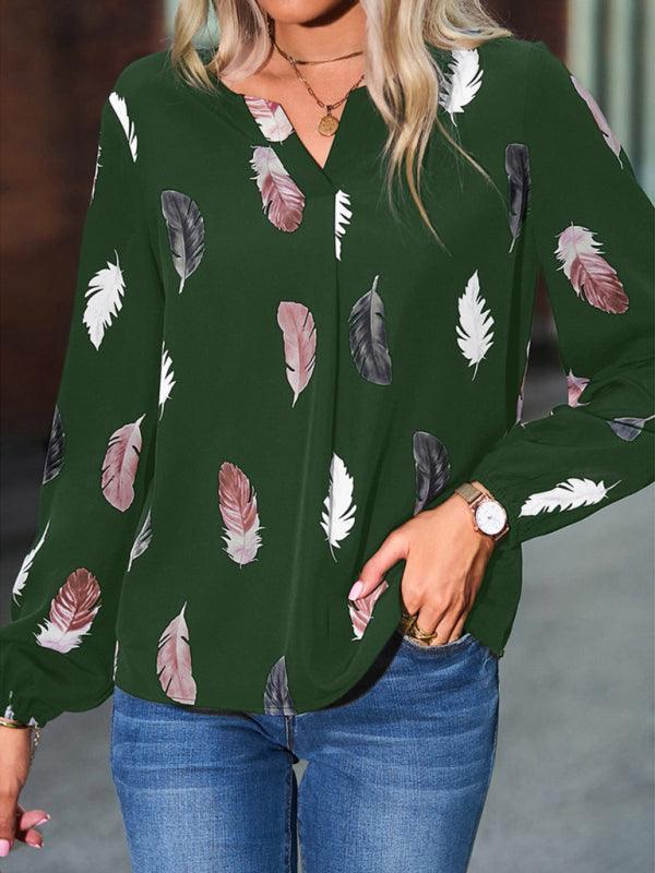 V Neck Feather Print Long Sleeve Oversized T-Shirt Shirt - 808Lush