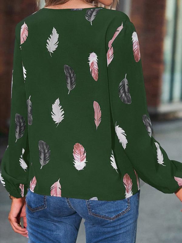 V Neck Feather Print Long Sleeve Oversized T-Shirt Shirt - 808Lush