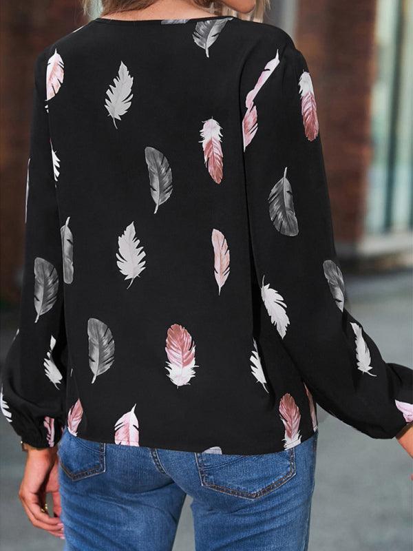 V Neck Feather Print Long Sleeve Oversized T-Shirt Shirt - 808Lush