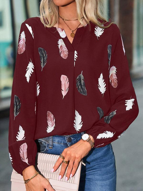 V Neck Feather Print Long Sleeve Oversized T-Shirt Shirt - 808Lush