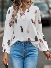 V Neck Feather Print Long Sleeve Oversized T-Shirt Shirt - 808Lush