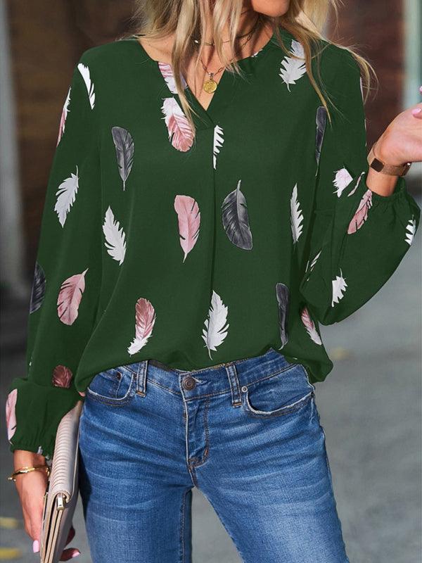 V Neck Feather Print Long Sleeve Oversized T-Shirt Shirt - 808Lush