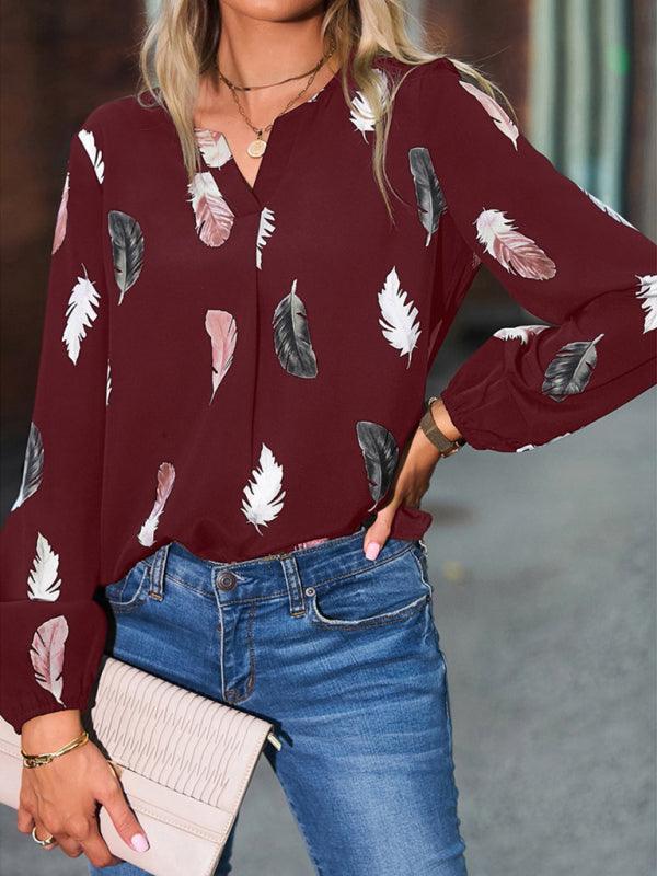 V Neck Feather Print Long Sleeve Oversized T-Shirt Shirt - 808Lush