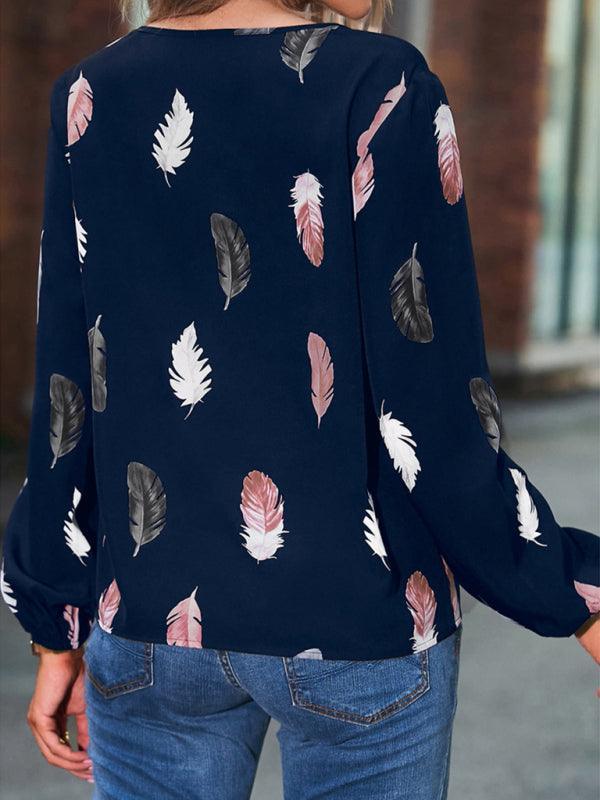 V Neck Feather Print Long Sleeve Oversized T-Shirt Shirt - 808Lush