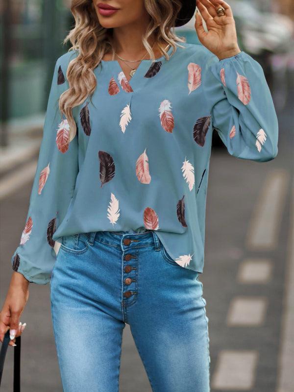 V Neck Feather Print Long Sleeve Oversized T-Shirt Shirt - 808Lush