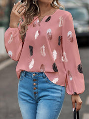 V Neck Feather Print Long Sleeve Oversized T-Shirt Shirt - 808Lush